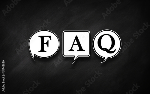 Frequently Asked question written in bubble speech on chalkboard.. FAQ 3D White Bubbles in blackboard Business help and support concept 