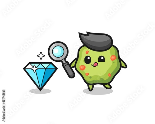 puke mascot is checking the authenticity of a diamond