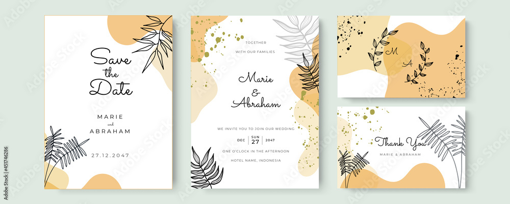Floral wedding invitation template set with elegant brown yellow orange leaves decoration. Botanic card design concept for wedding invitation and greeting card template