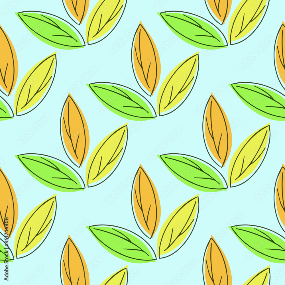 Simple color autumn leaves pattern on a blue background. Vector illustration. Print. Simple color autumn leaves pattern on a blue background. Vector illustration. Print.