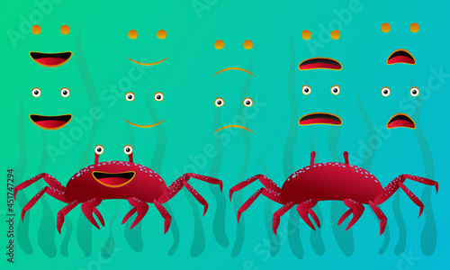 Vector image with crab and emotions for games, paper design, fabric and web