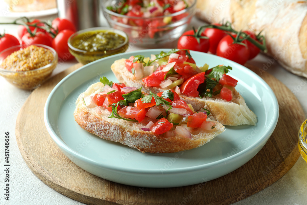 Concept of tasty food with bruschetta snacks Concept of tasty food with bruschetta snacks