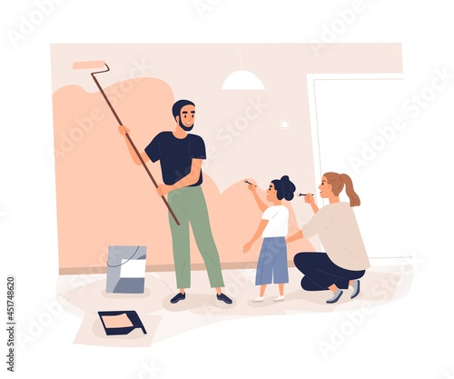 Family repairing home together. Mother, father and kid painting wall in apartment. Happy parents and child redecorate room with paint and roller. Flat vector illustration isolated on white background