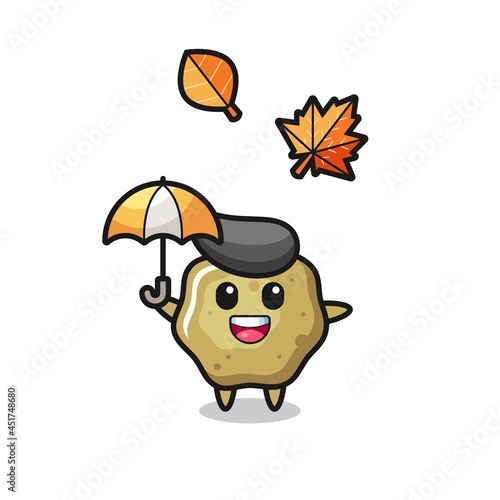 cartoon of the cute loose stools holding an umbrella in autumn