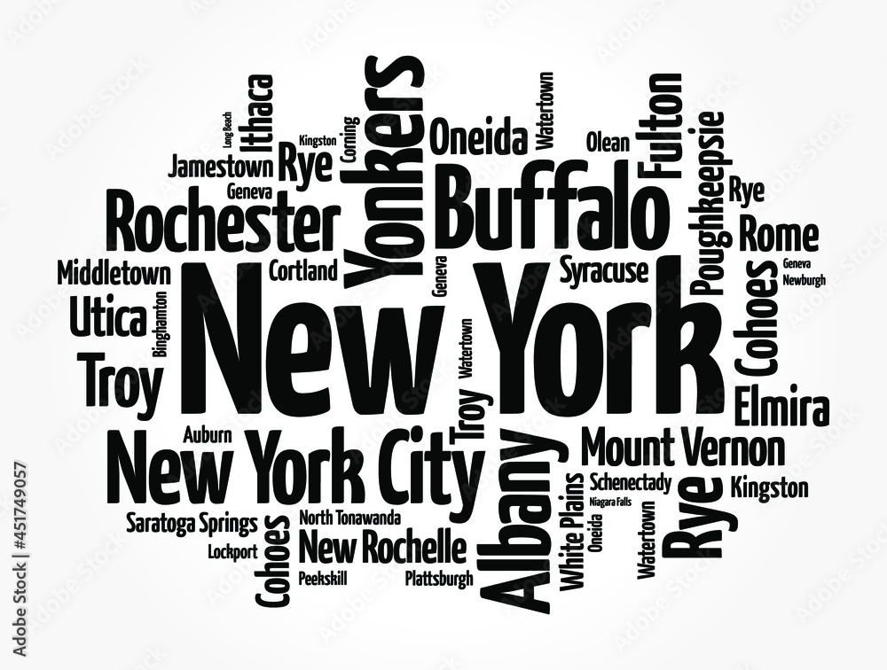 List of cities in New York USA state, word cloud concept background List of cities in New York USA state, word cloud concept background
