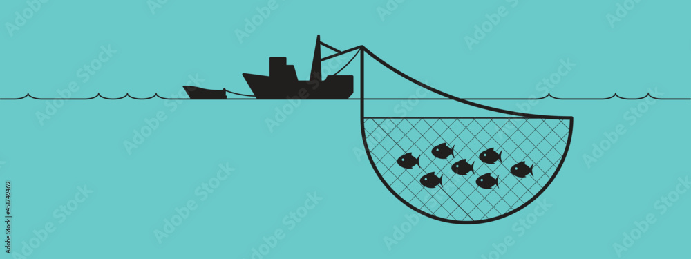 Vector illustration of a seiner fishing. A fishing vessel, a purse-seine  boat, a net, ocean and fish drawing in back over blue background. Stock  Vector
