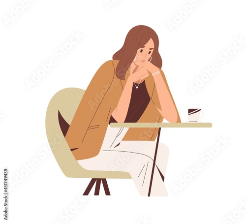 Sad thoughtful woman sitting at table in cafe. Unhappy pensive person thinking about problems and troubles. Anxious businesswoman in despair. Flat vector illustration isolated on white background