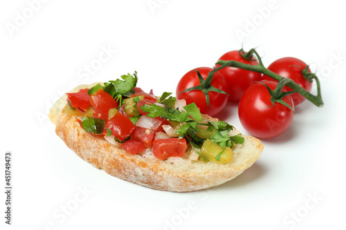 Delicious italian snack bruschetta and tomatoes on white background