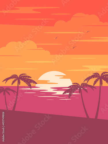 Sunset tropical beach with palm trees and sea. Nature landscape and seascape.  © sanchesnet1
