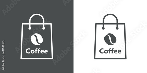 Comida para llevar. Logotipo con silueta de grano de café con texto Coffee en bolsa de la compra con lineas en fondo gris y fondo blanco