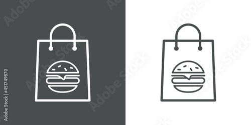 Comida para llevar. Logotipo con silueta de hamburguesa en bolsa de la compra con lineas en fondo gris y fondo blanco