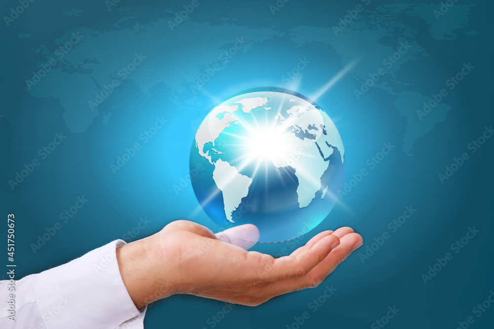 Human hand holding earth globe on blue  background, Global networking connection and data exchanges, global communication network concept