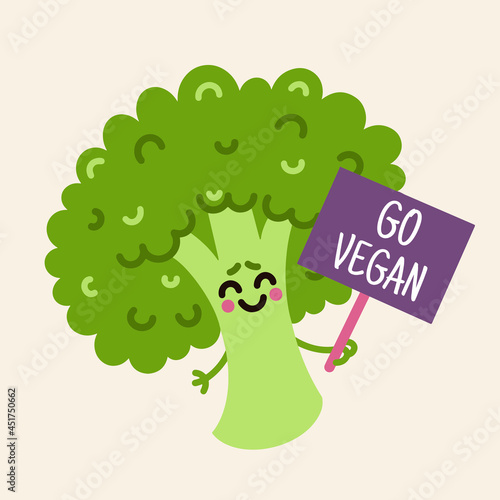 Cute cartoon broccoli vector icon. A funny green vegetable with a go vegan sign. Beautiful cabbage at the rally of vegetarians for healthy food. Colorful character in a flat style. 