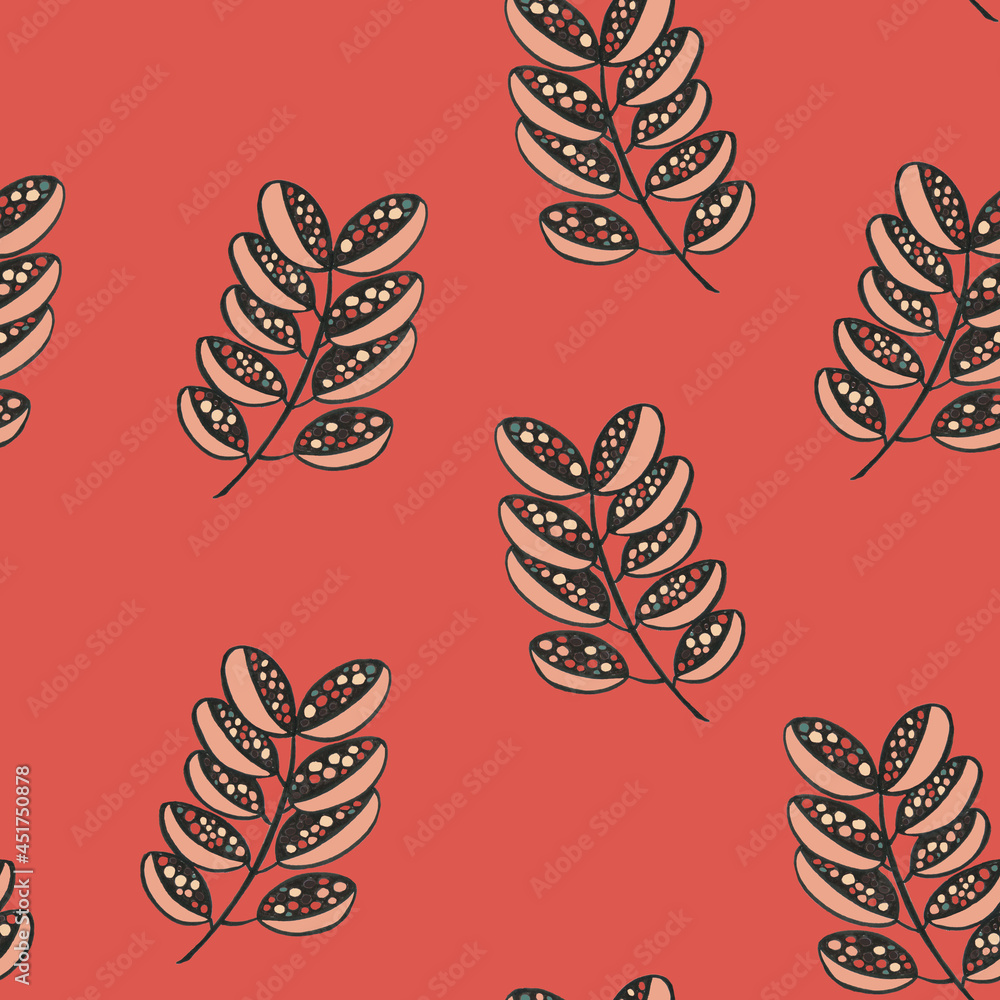 Simple mosaic colorful hand drawn leaves on red background