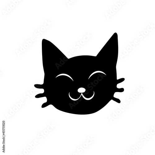 Muzzle of cute black cat-vector illustration in flat style, isolated. Funny icon, clipart, design element, decoration for Halloween, greeting card, template of sticker or badge
