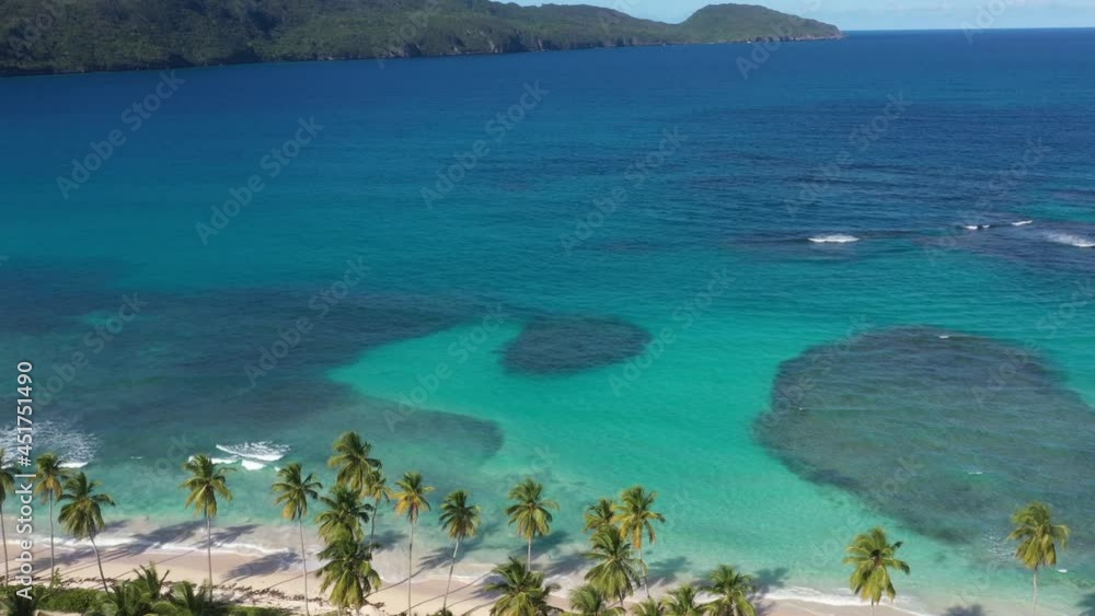 A Sunny Day In The Caribbean Beach With Palmstree And The Waves with mountains A Sunny Day In The Caribbean Beach With Palmstree And The Waves with mountains