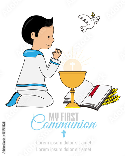 My first communion card. Boy praying next to a chalice and bible	