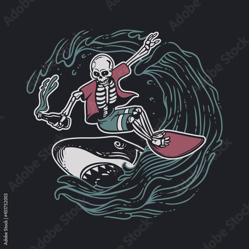vintage design skeleton doing surfing while holding beer bottle with shark and black background vintage illustration