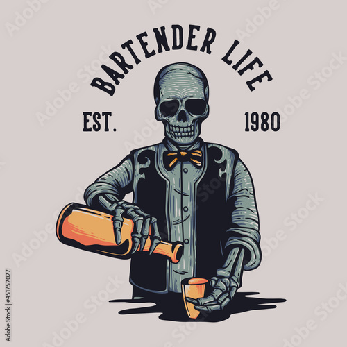 t shirt design bartender life est. 1980 with skeleton pouring beer into a cup vintage illustration