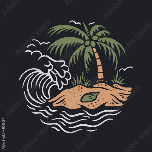 vintage design beach with coconut tree and waves vintage illustration