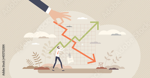Financial trends, economical market analysis and chart tiny person concept. Business progress or recession process on arrows balance graph as sales and stock forecast future data vector illustration.