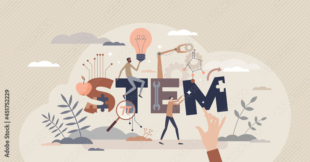 STEM study fields with science, engineering, technologies and mathematics learning tiny person concept. Education skill set as school or university approach to teaching system vector illustration.