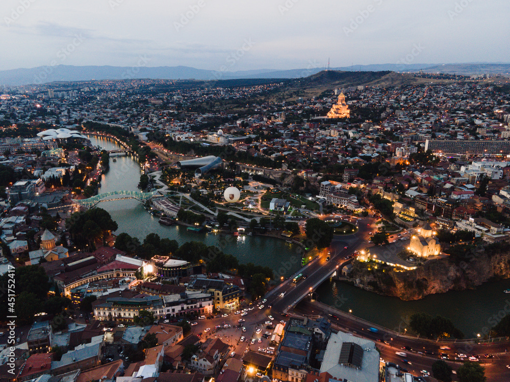 Tbilisi Georgia twilight beautiful lights evening town river drone aerial landscape