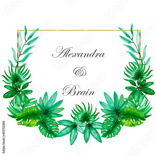 Tropical watercolor frames.Watercolor tropical leaves and plants in a round and square golden geometric banner and green exotic foliage on a white background. Palm leaves.Branches with berries.Wedding