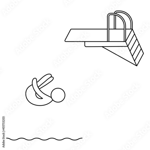 Jumping into the water from a springboard. The athlete is jumping bent over. The body is bent at the waist, legs are straight. Sketch. Vector icon. The man is engaged in water sports. 