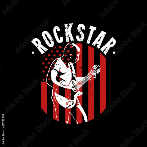 t shirt design rockstar with man playing guitar and black background vintage illustration