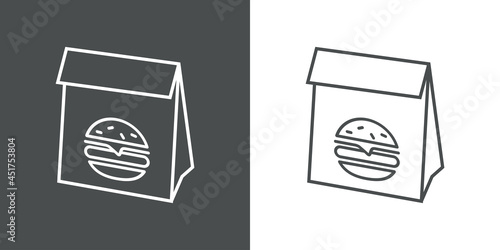 Comida para llevar. Logotipo con silueta de hamburguesa en bolsa de papel con lineas en fondo gris y fondo blanco