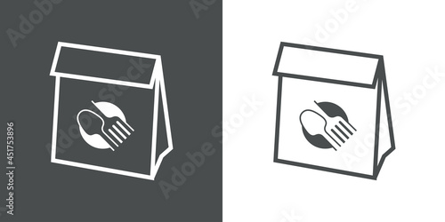 Comida para llevar. Logotipo con silueta de cubiertos en círculo en bolsa de papel con lineas en fondo gris y fondo blanco