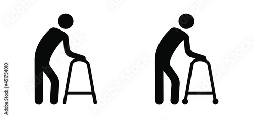 Elder icon. Mobility, old man pictogram. Disabled vector sign. Stickman person with walking frame. Seat priority icons. Disable senior, elderly stick figure.