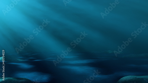 Underwater background environment illuminated by rays of light filtering from the surface. 3D Rendering