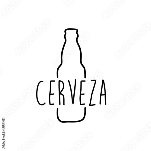 Logotipo con texto manuscrito Cerveza en español escrito a mano en silueta de botella con lineas en color negro