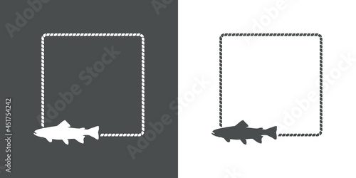 Logotipo con silueta de trucha o salmón con marco de cuerda en fondo gris y fondo blanco