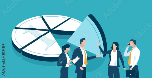 Market Share. Business workers discuss about dividing the profit - coin. Business concept illustration