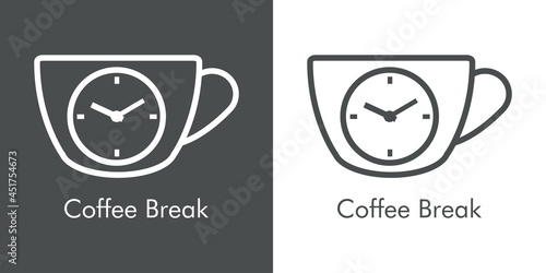 Logotipo con texto Coffee Break. Icono con silueta taza de café con esfera de reloj simple con lineas en fondo gris y fondo blanco