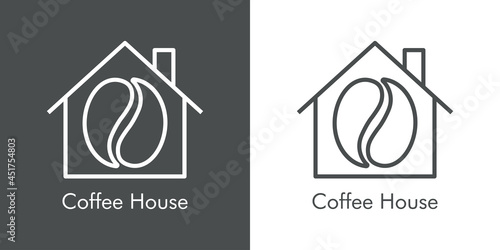 Logotipo con texto Coffee House con silueta de grano de café en casa con lineas en fondo gris y fondo blanco