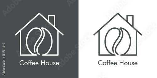 Logotipo con texto Coffee House con silueta de grano de café en casa con lineas en fondo gris y fondo blanco