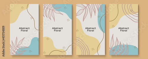 Abstract background for stories social media template with floral, outline, wave, leaves, and boho concept. Set of four invitation or greeting card design decorated with flowers.