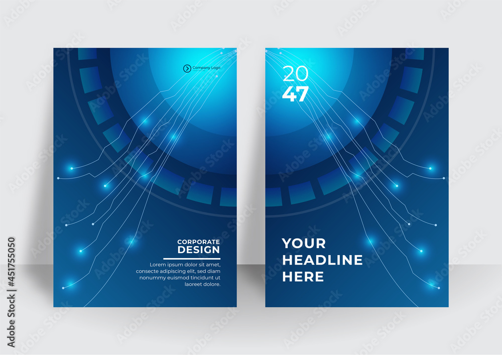Fototapeta premium Set of futuristic tech brochure, annual report, flyer design templates in A4 size. Vector illustrations for business presentation, business paper, corporate document cover and layout template designs.