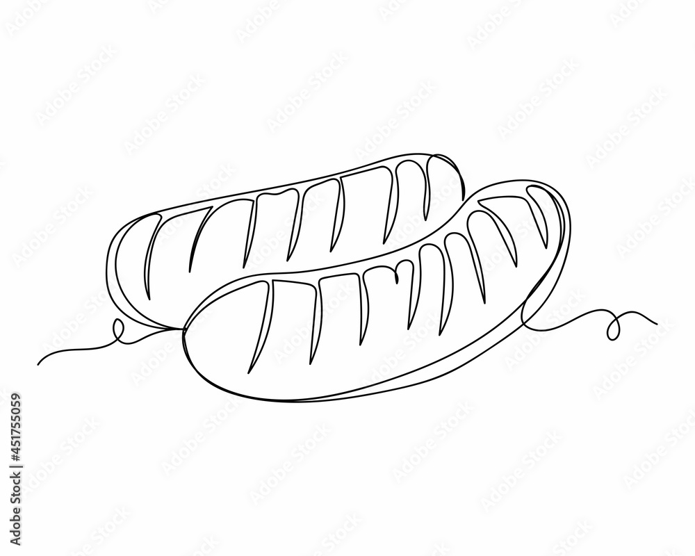 Continuous one line drawing of grill sausages icon in silhouette on a