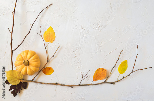 Halloween grunge white holiday background, pumpkins, dry branches and orange leaves decorations. Autumn light frame composition, party invitation card, flat lay, copy space. photo