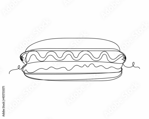 Continuous one line drawing of hot dog grilled sausage in a bun with sauces icon in silhouette on a white background. Linear stylized.Minimalist.