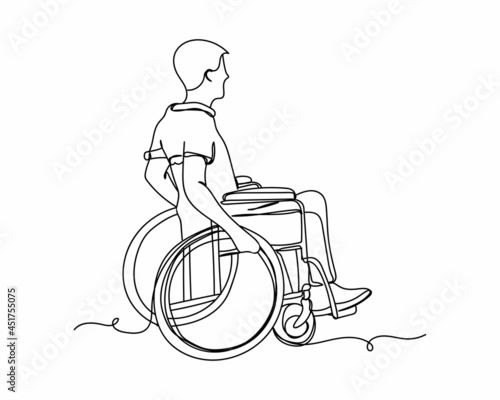 Continuous one line drawing of man in wheelchair icon in silhouette on a white background. Linear stylized.Minimalist.