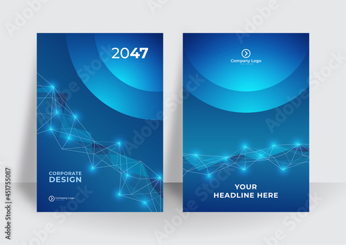 Abstract geometric technological brochure, flyer. Corporate identity. Flyer Template Front and Back Design in Blue Tech Style - Modern Graphic Illustration, Vector