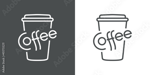Icono vaso de café. Logotipo con tipografía Coffee en silueta de vaso de plastico con tapa con líneas en fondo gris y fondo blanco