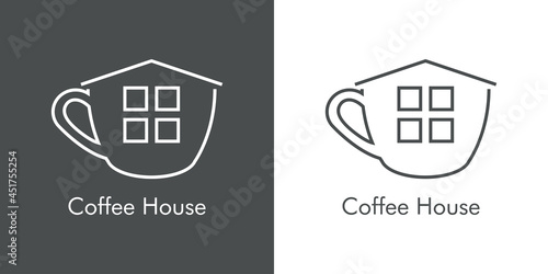 Logotipo con texto Coffee House con silueta de taza de café con forma de casa con lineas en fondo gris y fondo blanco