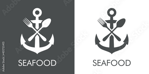 Logotipo con texto Seafood con silueta de ancla de barco con cubiertos con lineas en fondo gris y fondo blanco